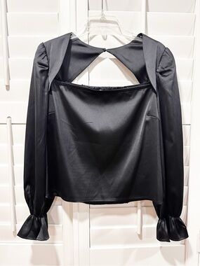 Highlowluxe X The Drop Top Black Satin Open Back Puff Sleeve Blouse Large Amazon